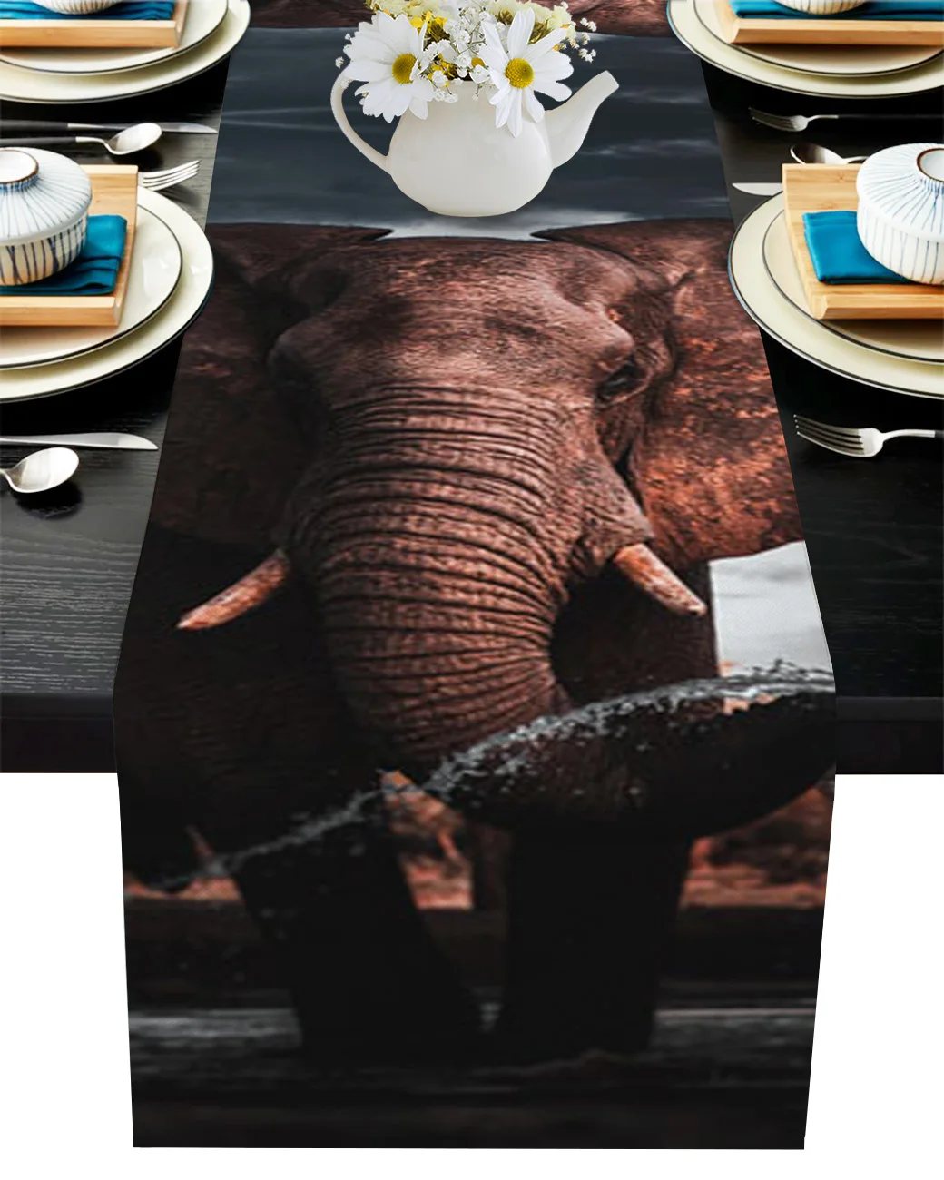 

Elephant Landscape Oil Painting Table Runner Dining Tea Table Shoe Cabinet Cover Table Flag Wedding Party Decoration