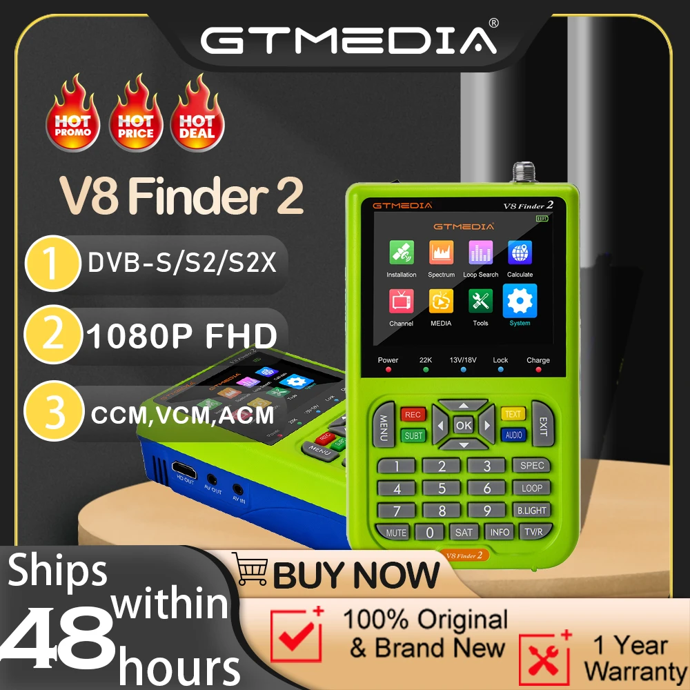 

GTMEDIA V8 Finder 2, спутниковый прибор для поиска сигналов DVB-S/S2/S2X Digital 1080P H.264 Full HD LCD дисплей