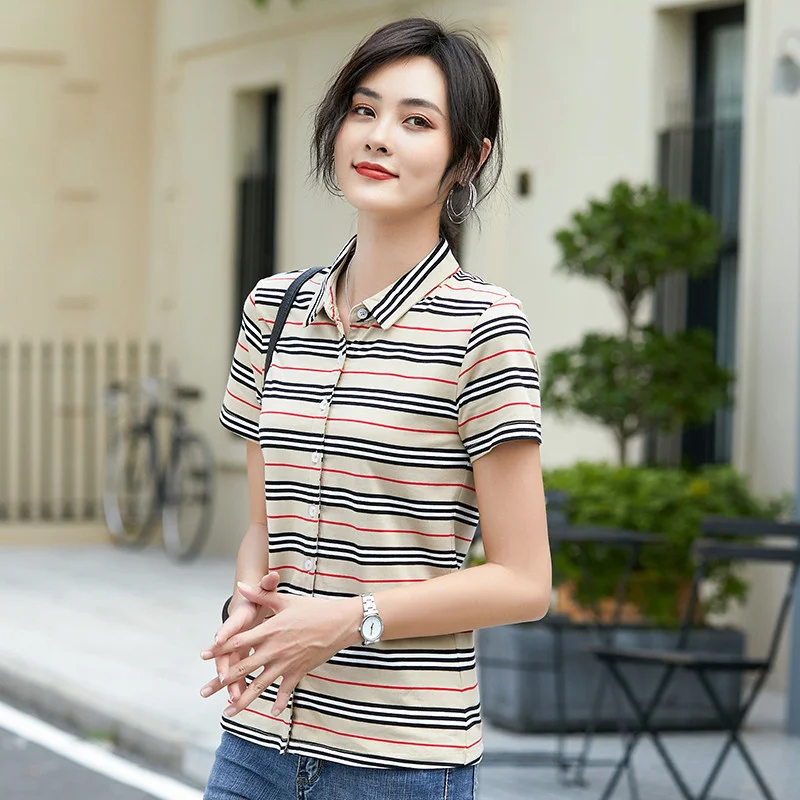

2022 spring and summer new striped shirt button Lapel Korean slim simple clothes 6726