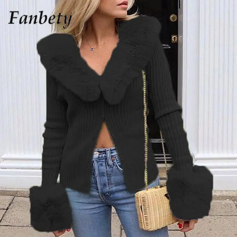 

Autumn Winter French V-Neck Button Warm Top Women Elegant Long-Sleeve Knitted Sweater Fashion Fur Collar Soft Bottoming Shirt