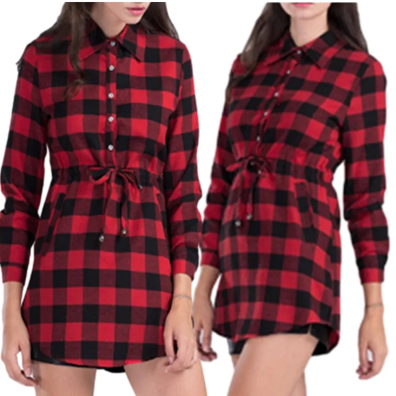 

Spring Slim Waist Mid-length Plaid Shirt Jumpsuit A-line Skirt Women