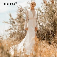 tixlear sexy beach boho v neck cut out open back long flare sleeve bohemian lace sweep train wedding dress bridal gowns