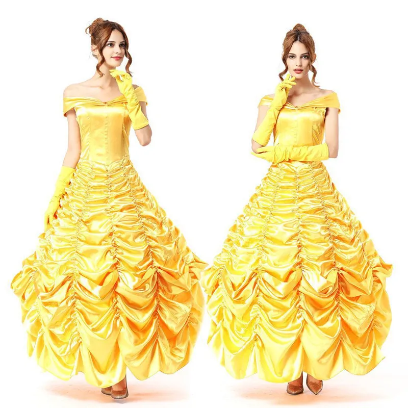 

Fairy Tale Beauty And The Beast Bell Yellow Princess Palace Dress Fantasia Cosplay Costume Belle Fancy Dress Halloween Party