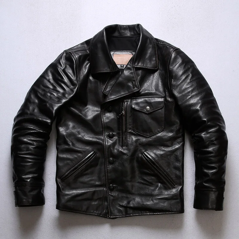 

Spring and autumn season men's American bear 2 retro two-color tea core horse skin leather jacket lapel casual biker clothes