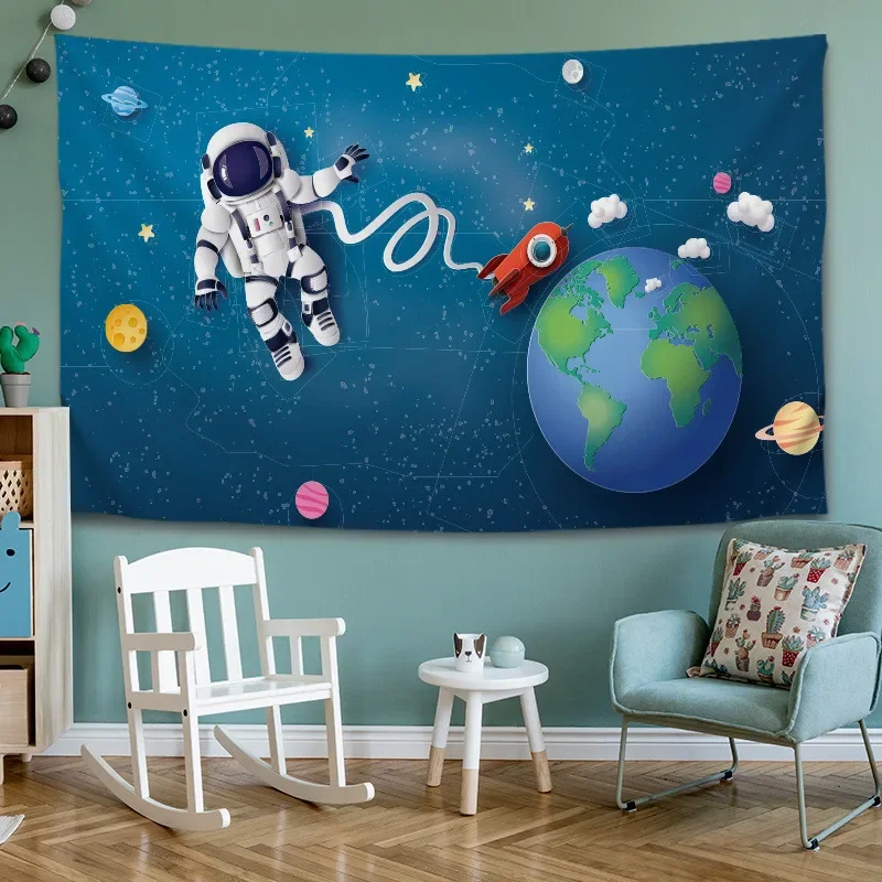 Гобелен с мультяшным космосом астронавтом для детской комнаты синий фон