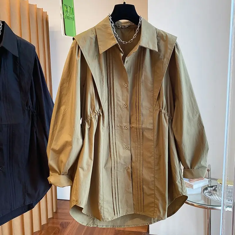 

A GIRLS Women Blouses Causal Drawstring Slim Waist Shirt Korean Autumn Elegant Long Sleeve Turn-down Collar Camisas De Mujer