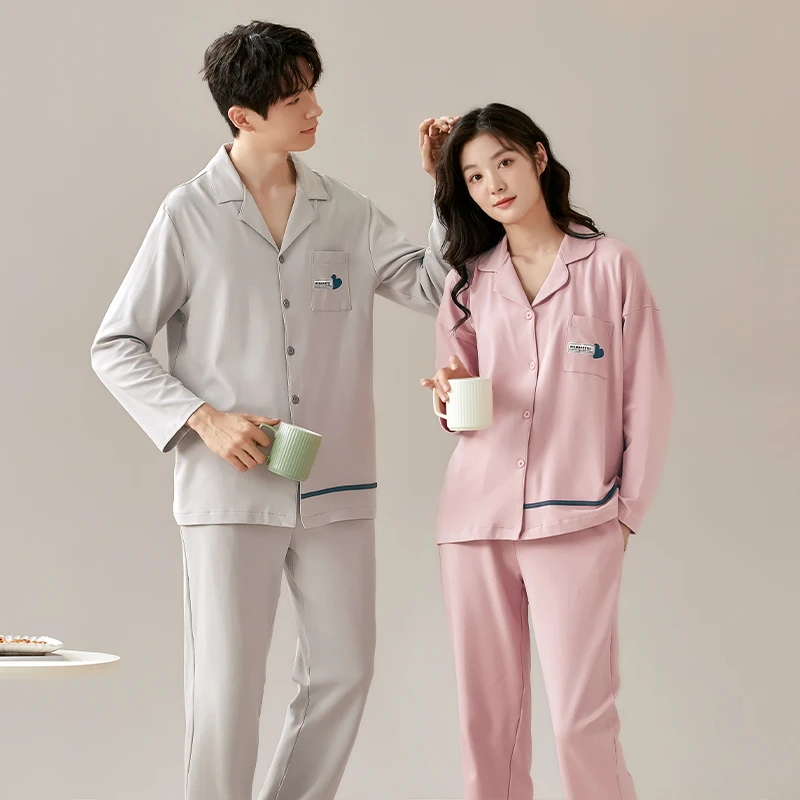 Пижамный комплект для пар хлопковая однотонная одежда отдыха с длинным рукавом