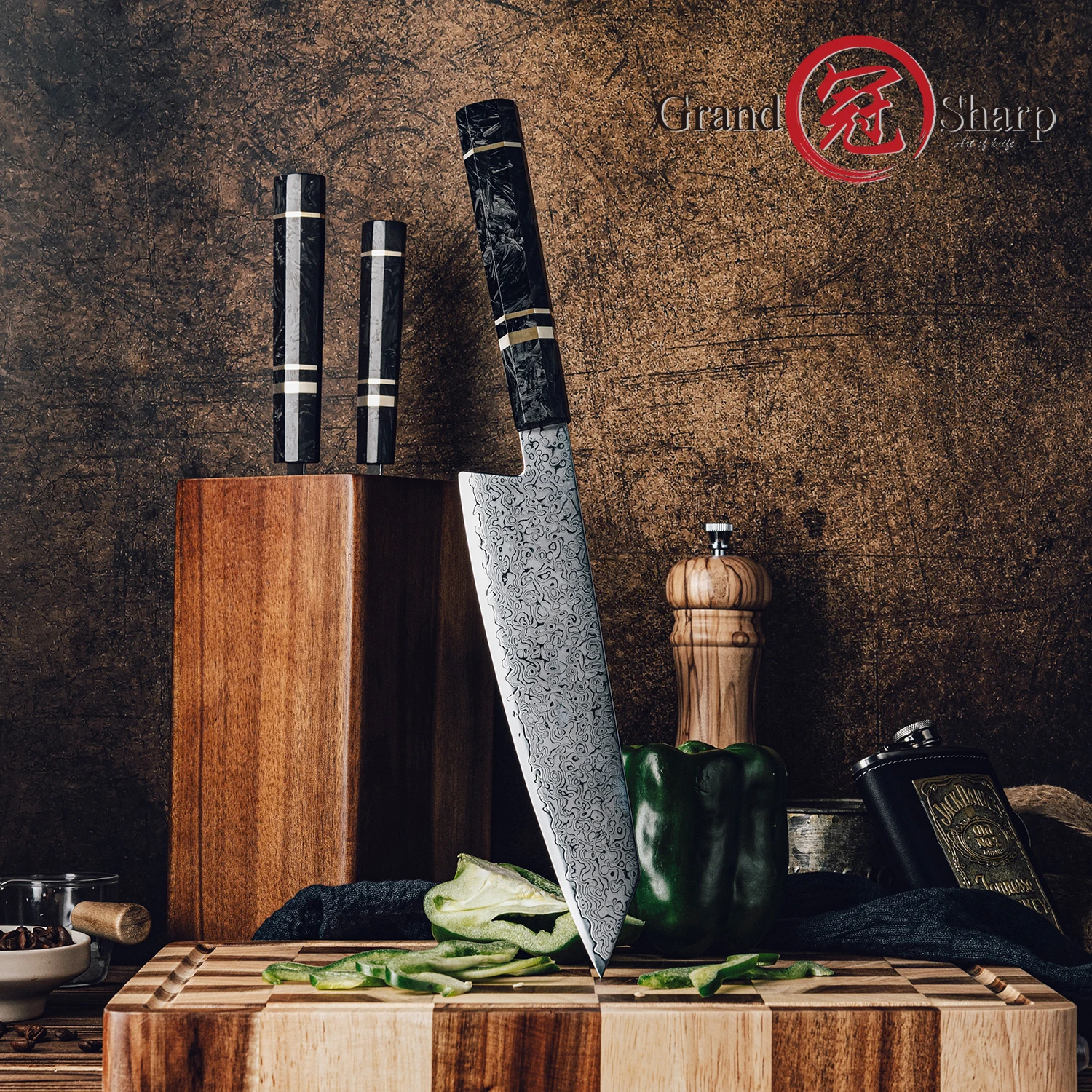 Фото Нож Grandsharp Кирицуке, 67-слойная дамасская сталь, 10Cr15MoV, лезвие с углеродным волокном и медной кольцевой ручкой, нож шеф-повара №2