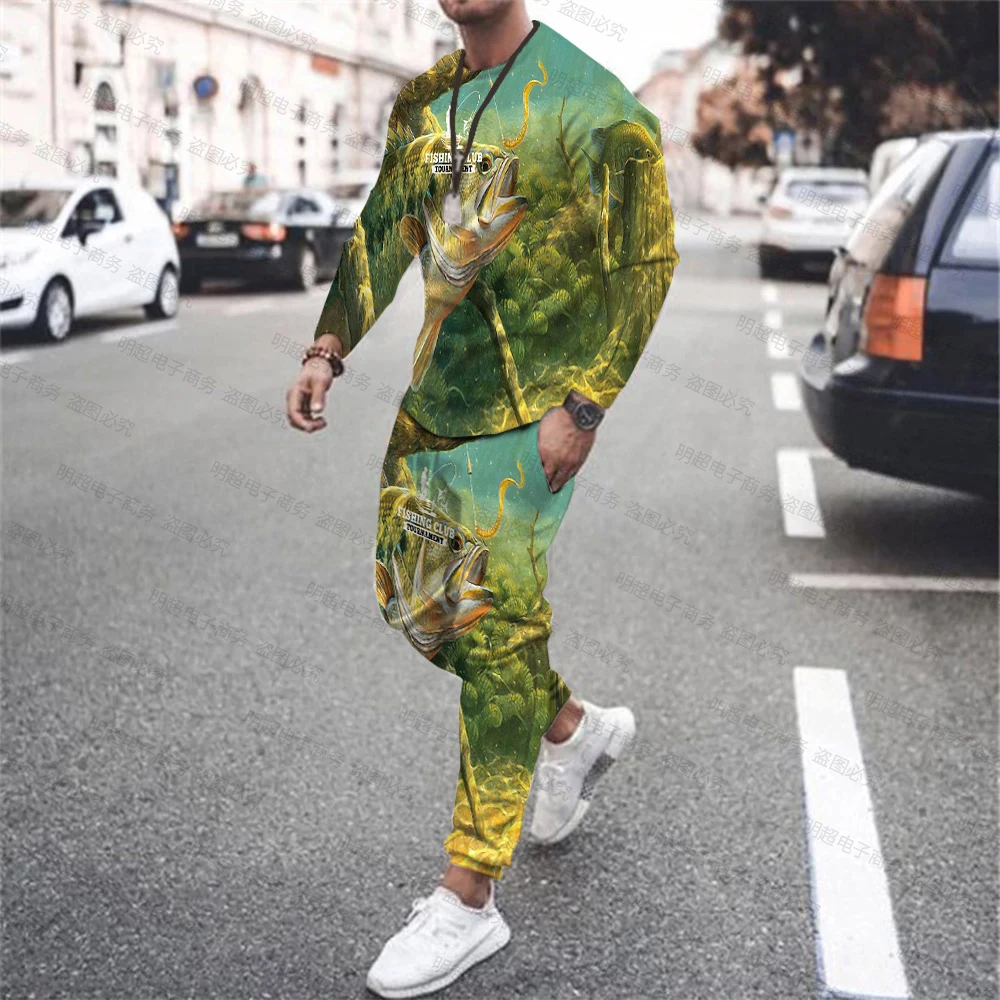New Bass Fishing T-Shirt Long Sleeve Sweatshirt Print Crew Neck Outdoor Fishing Vacation Fun Sports Streetwear Pant Set
