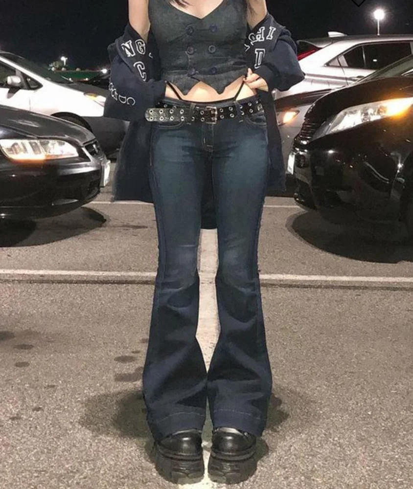 

2023Hot Jeans Y2k Flare Jeans Vintage Low Waisted Cute Trousers Aesthetic Streetwear Casual Cargo Pants Women Korean Distressed