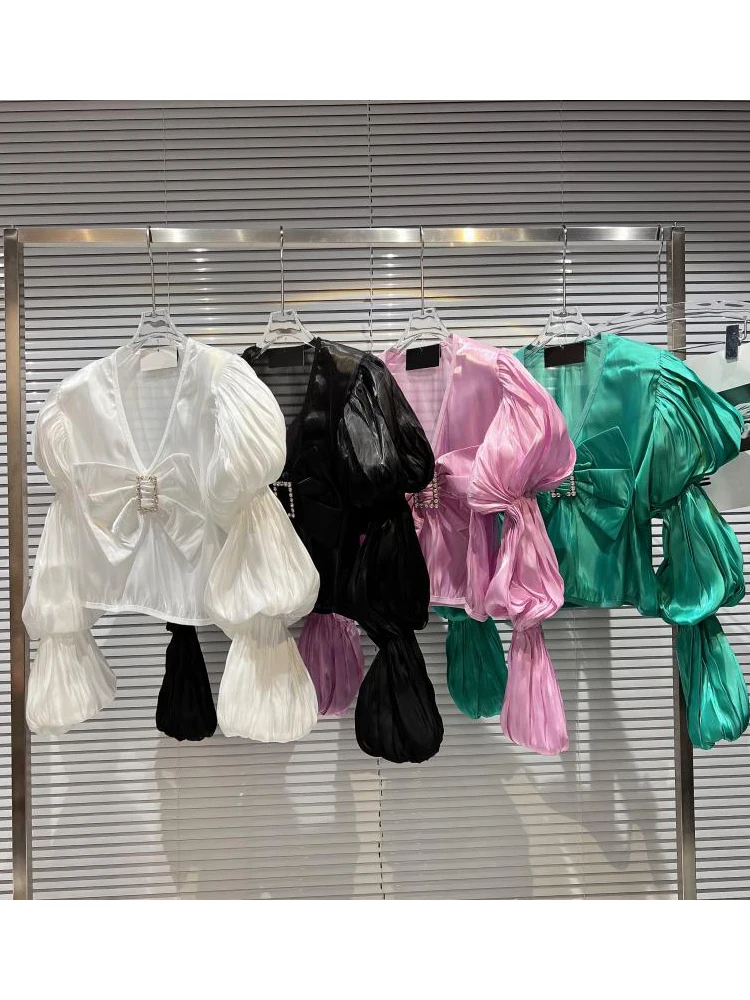 

HIGH QUALITY New Fashion 2022 Designer Shirt Women's Lantern Sleeve Perspective Chiffon Shirt Top