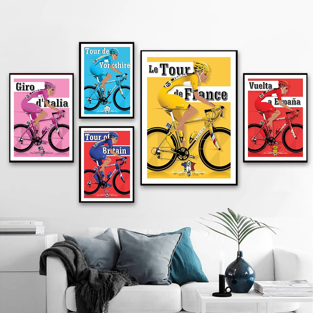 

Sports Bike Cycling Canvas Painting Vintage Tour Landscape France Britain Cyclist Poster Wall Art Print Pictures Home Decoration