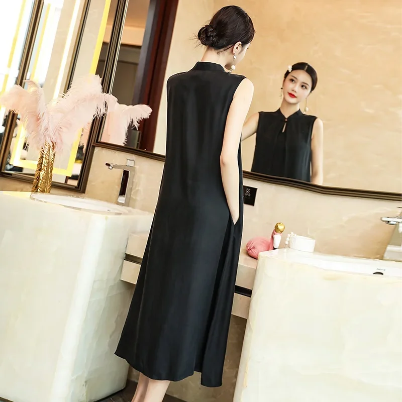Женское винтажное китайское платье черное элегантное Ципао вьетнамское