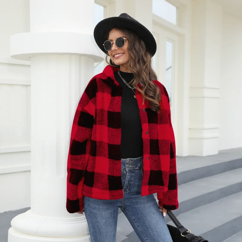 

Autumn Winter Warm Thick Coat Women Fashion Casual Plaid Long Sleeve Turn Down Collar Single Breasted Wool Jacket Outwear