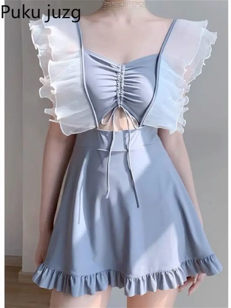 

Бикини Puku Juzg с квадратным вырезом, купальник с рюшами и кулиской, женский купальный костюм с летящими рукавами, облегающий слитный купальни...