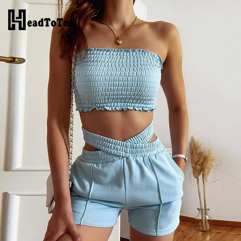 

Frill Trim Shirred Bandeau Tops & Cut-Out Shorts Set Summer Women Two Piece Set