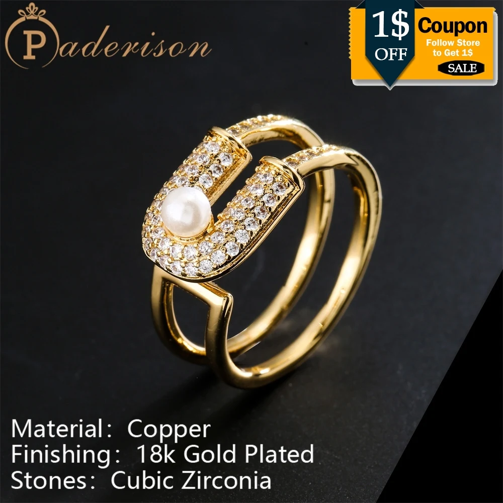 

Vintage Elegant Luxury Zircon Pearl Opening Ring for Women Retro Geometric Adjustable Golden Ring Copper 18k Gold-plated Jewelry