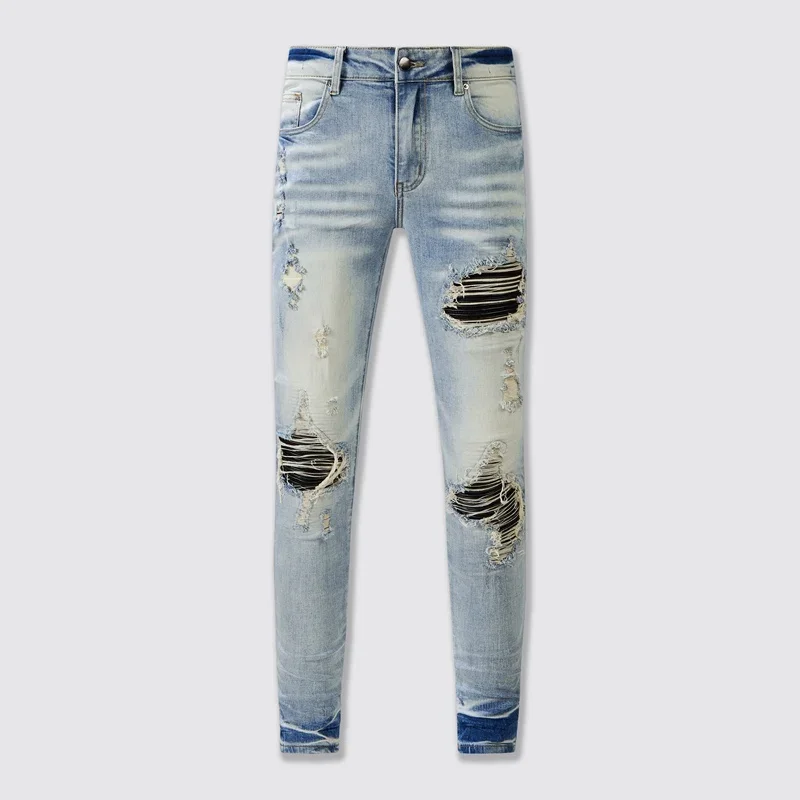 

Новое поступление, мужские бриджи, синяя уличная одежда, модные тонкие джинсы в стиле ретро, обтягивающие рваные джинсы с вырезами