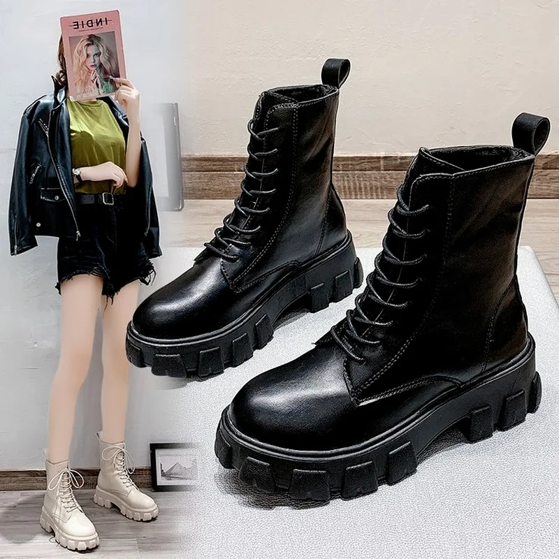 

2021 Spring Women White Boots Autumn Fashion Black Leather Platform Gothic Punk Combat Chelsea Round Toe Botas De Mujer