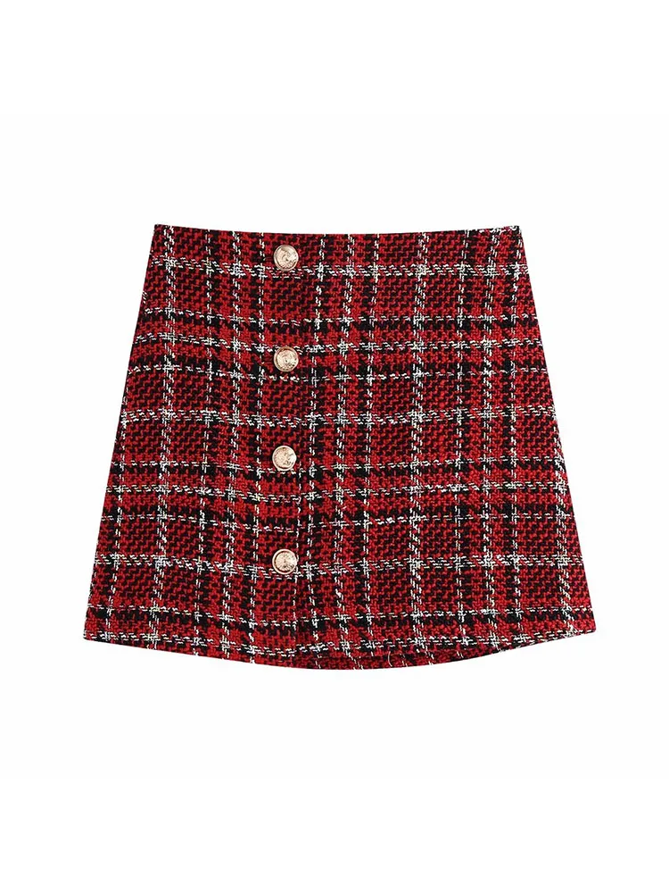 

BSK&ZA&TRF 0478628 Women 2022 New Fashion Soft tweed lattice twill Mini Skirt High Waist Buckle Female Skirts Mujer 0478/628