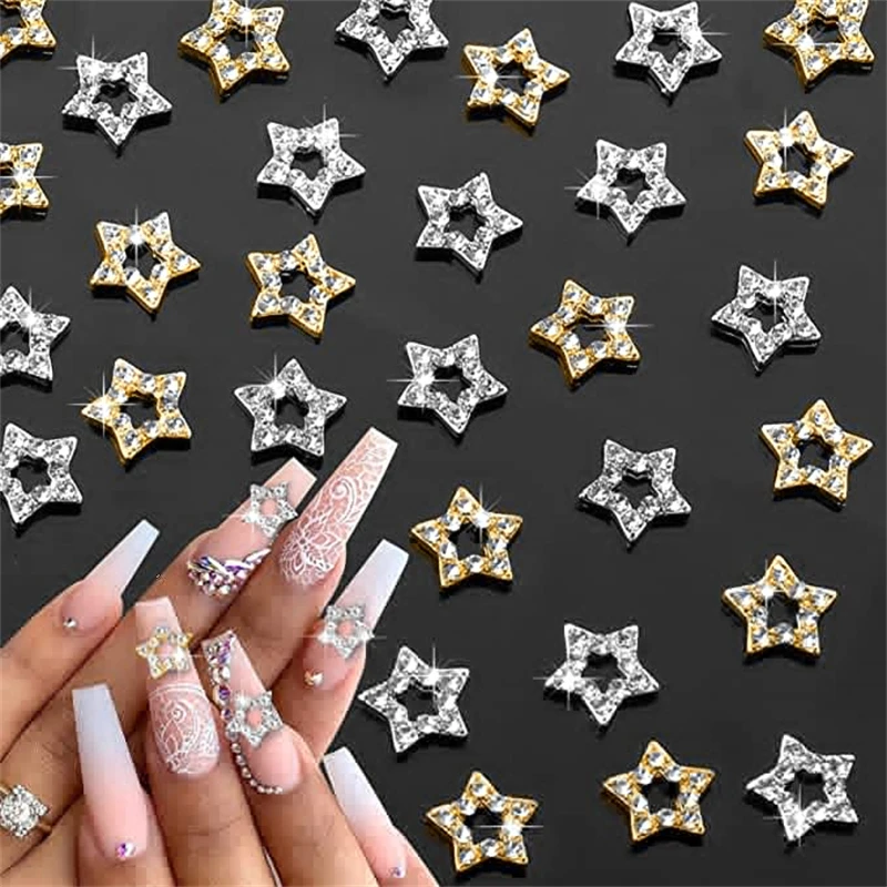 

10pcs 3D Hollow Pntagram Alloy Rhinestones Nail Charms Gold Silver Star Nail Art Decorations DIY Luxury Kawaii Accessories Nails