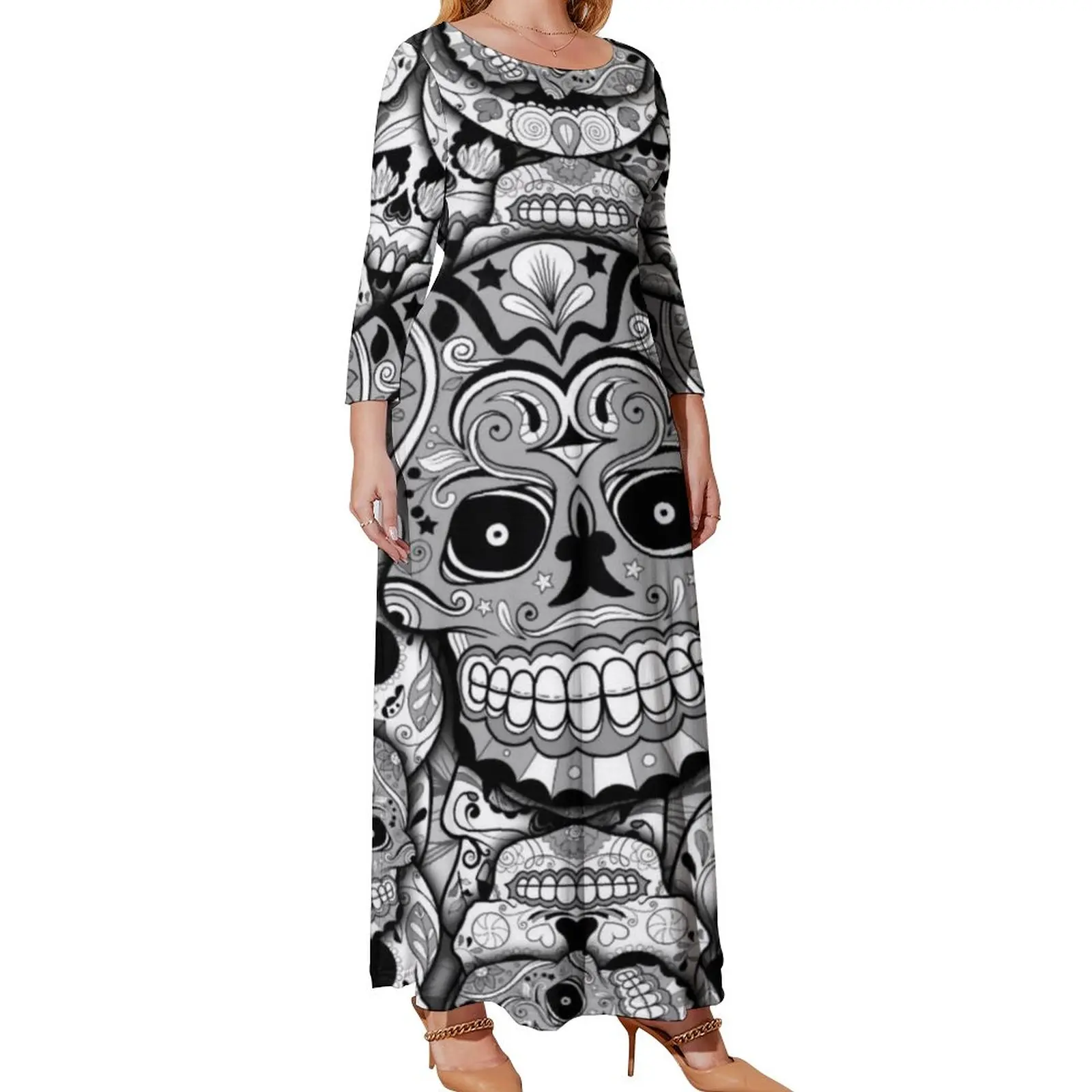 Black White Skeleton Dress Long Sleeve Day Of The Dead Calaveras Cute Maxi Dress Aesthetic Pattern Beach Long Dresses Plus Size