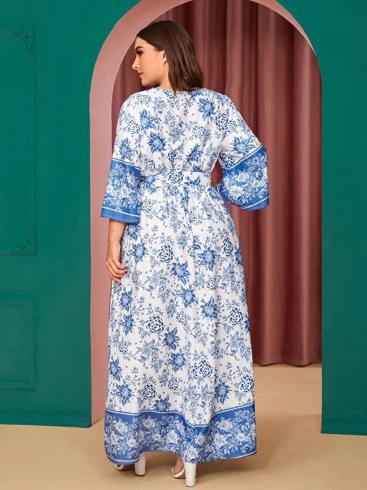 Платье-рубашка с этническим принтом Рамадан ИД абайя кимоно V-образным вырезом