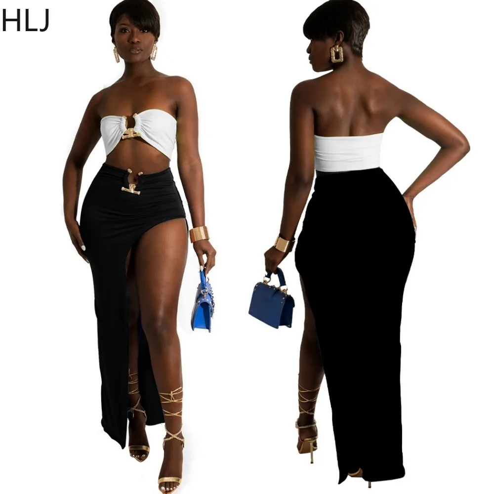 HLJ Fashion Hollow Skinny Skirts Two Piece Sets Women Sexy Tube And High Slit Irregular Skirts Outfits Female Nightclub Clothing