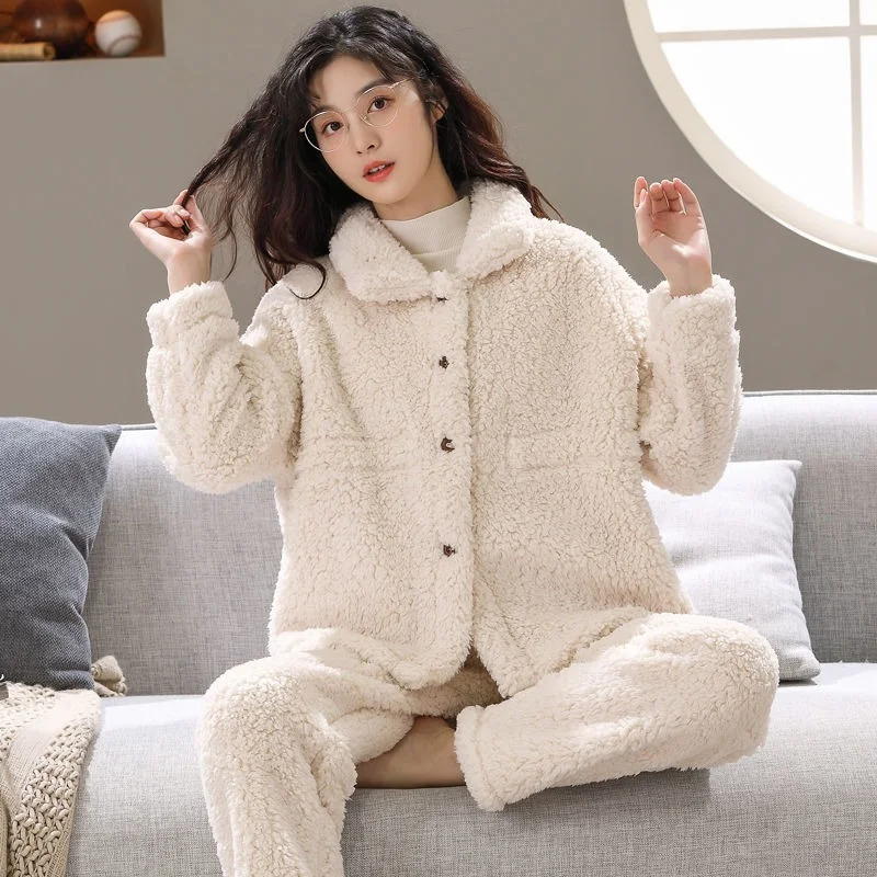

Plus Velvet Thick All-match Cardigan Pure Color Pajamas Cute Sweet Fashion Casual Autumn and Winter New Pajamas