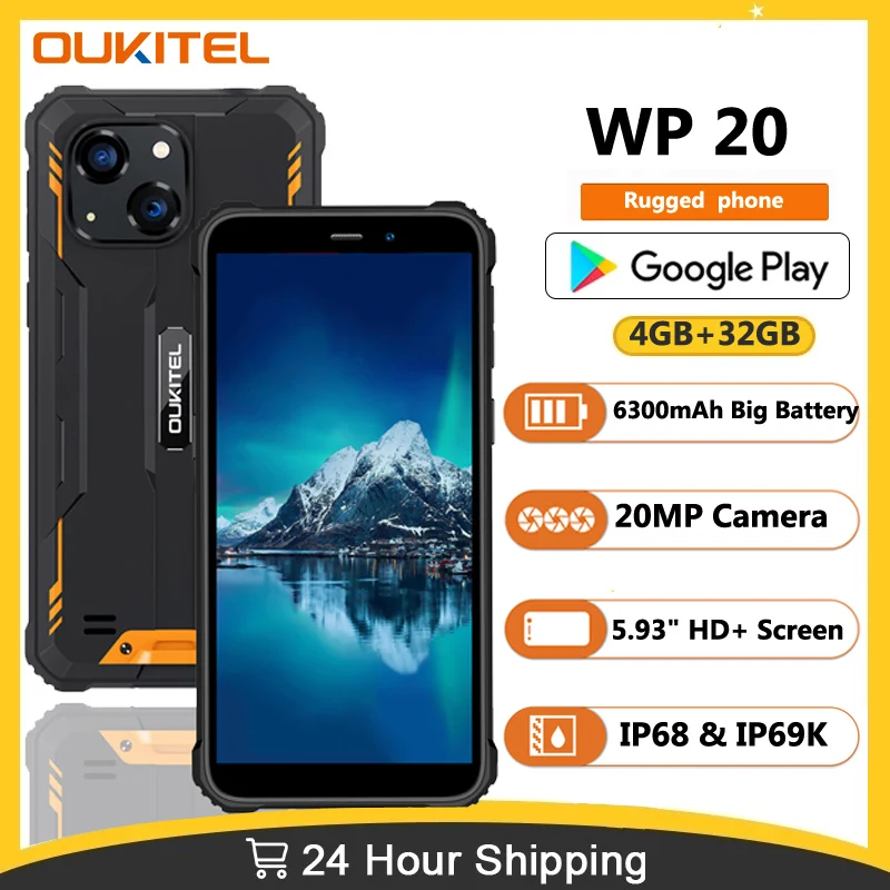 Oukitel WP20 6300mAh IP68 Waterproof Smartphone Android 12 5.93'' 4GB+32GB Mobile Phone 20MP Dual Cameras 4G Rugged Cellphone