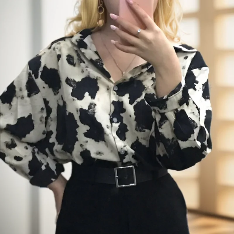 Женская Рубашка-шифон Повседневная Блузка С Длинными Рукавами И Коровьим