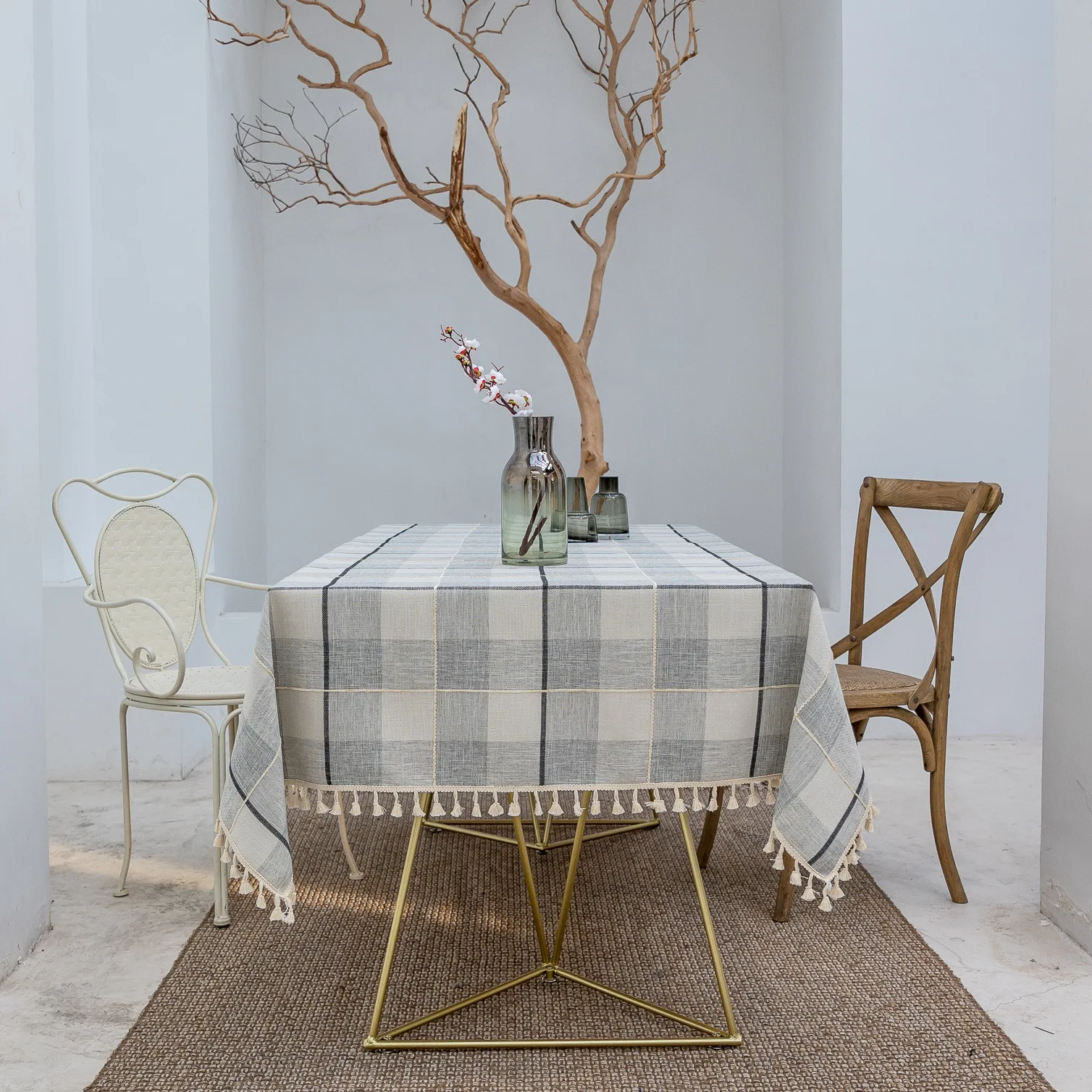 

Cotton Linen Plaid Prints Table Cloth with Tassel Rectangular TableCloth Picnic Household Coffee Table TowelWedding Decor