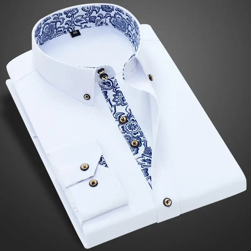 

Shirts Solid Color Porcelain Men SlimFit Korean Business Cotton Shirt Blue-and-white White Long Collar Dress Shirt Sleeve Casual