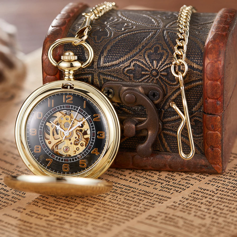 OPEN CASE Mechanical Men's Watch Vintage Roman Dial Clock Hand Wind Pocket Watch With FOB Chain Gift Retro Steampunk Pendant