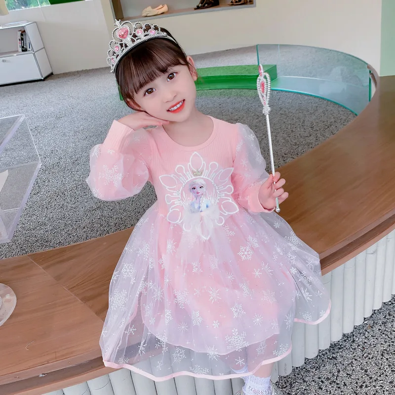 

Disney Spring and Autumn Long Sleeve Princess Elsa Dress Kids Frozen Essa Dress Baby Girl Super Fairy Mesh Dress