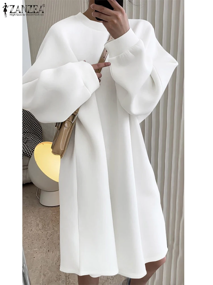 

ZANZEA Women Crew Neck Knee-length Dress Korean Fashion Sweatshirt Dress Long Puff Sleeve Vestidos Casual BF Style Pullover Robe