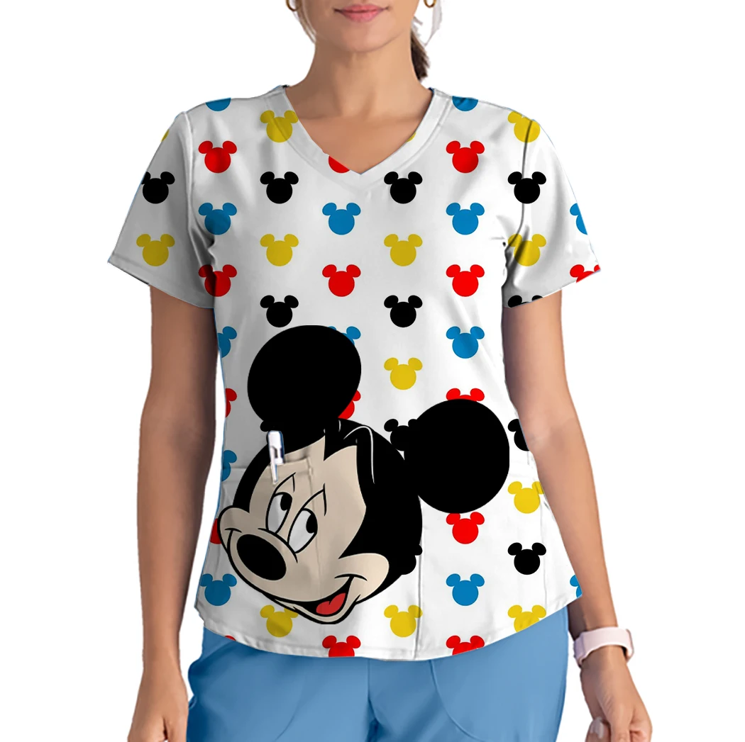 

Summer Mickey Mouse Mickey Nurse Dress Tops Women's Work Uniform Shirt Short Sleeve V Neck Nursing Dress Nurse Outer Tops