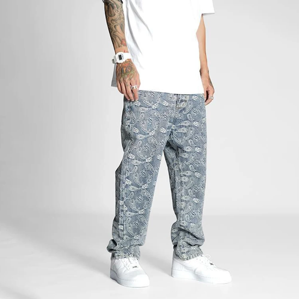 Men Jeans Trendy High Street Casual Straight  Pants Harajuku Style Fashin Men Loose Oversize  Paisley Wide Leg High Street