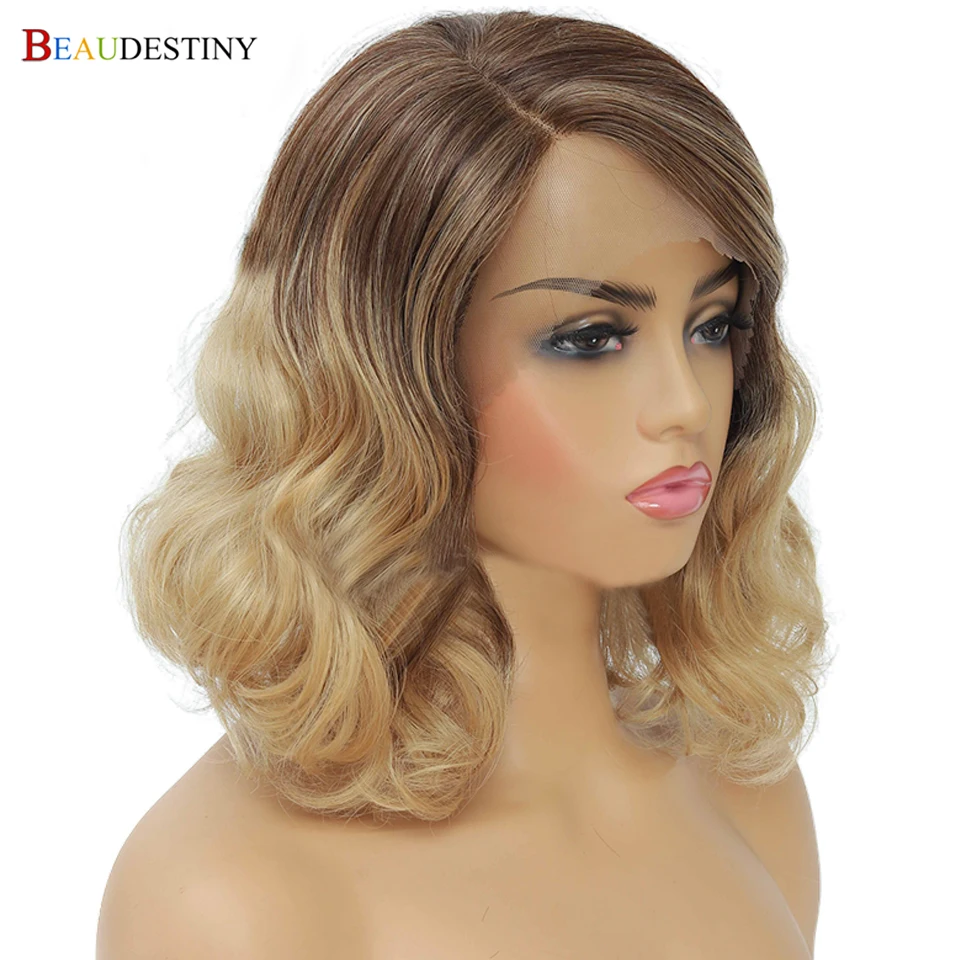 

Short Bob Wavy Wig Synthetic Lace Front Wigs For Women Ombre Blonde Wig Natural Hairline Transparent Lace Front Side Part Wig