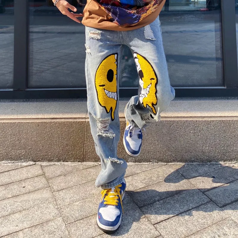 Men's Printed Smiley Embroidery Fashion Ripped Baggy Sweatpant Y2K Clothes Straight Jeans Pants Straight Goth Denim Trousers Man