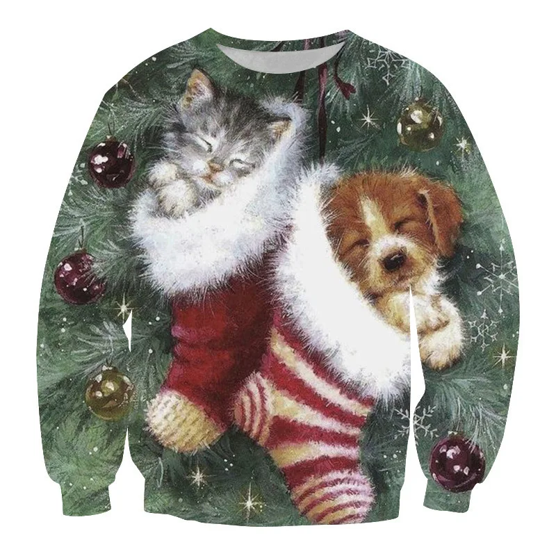 

Christmas Clothes Cute Cat Christmas 3D Digital Printeding Sweater Autumn Man's Round Neck Long Sleeve T-shirt