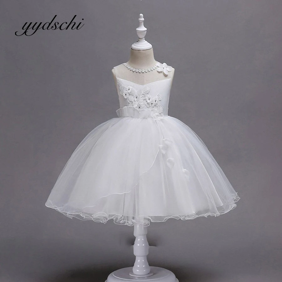 

Белое платье с цветочной аппликацией для девочек, Пляжное ТРАПЕЦИЕВИДНОЕ детское платье принцессы без рукавов, бальное платье длиной ниже колена, свадебные танцевальные тюлевые платья для выпускного