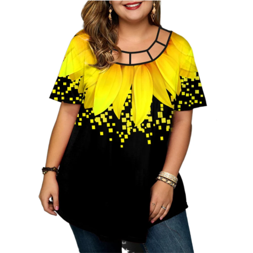 

Oversized crewneck cutout print sunflower T-sleeve short-sleeved top