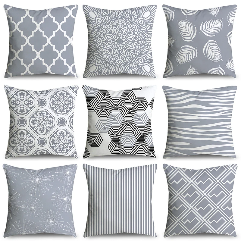 

2022 Gray Lumbar Pillows Case 45X45CM Damask Geometry Leaves Floral Stripes Plaids Print Sofa Cushion Throw Pillows Decor Home