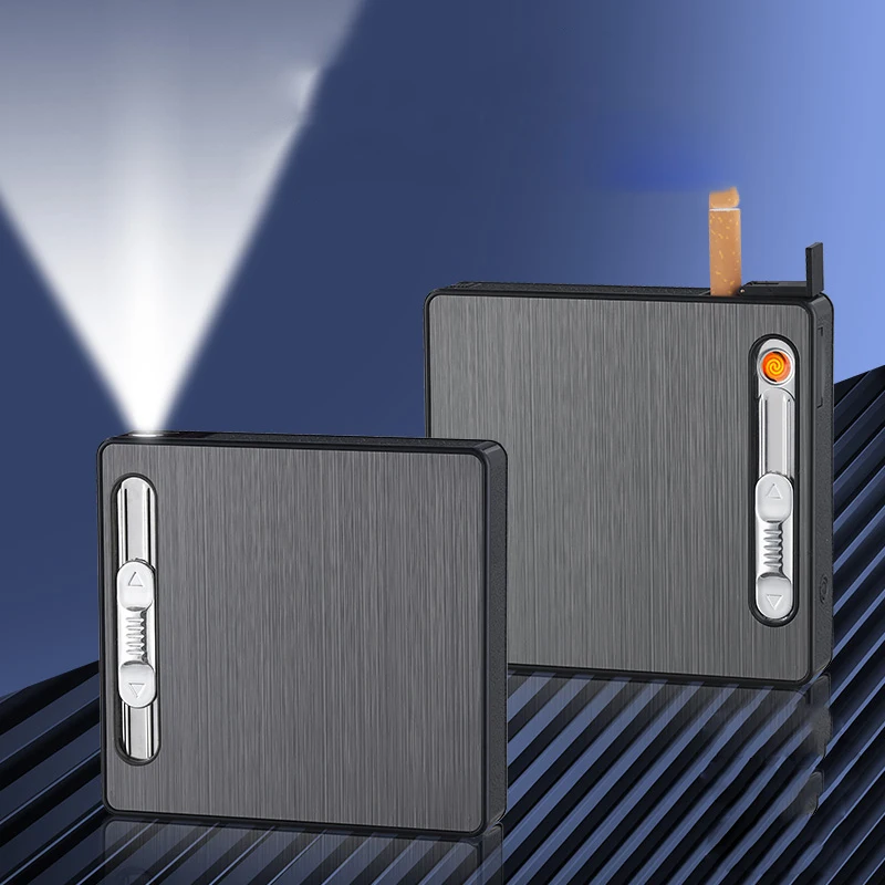 2 In 1 Cigarette Case 20PCS Metal Aluminum Alloy Cigarettes for Men Storage Pocket Box Windproof Coil Recharge USB Lighter