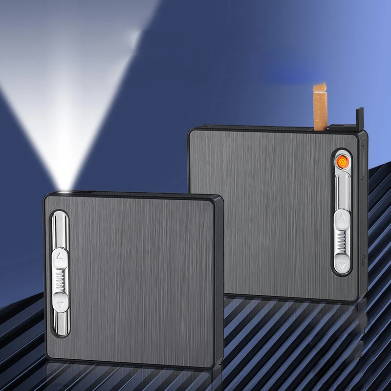 

2 In 1 Cigarette Case 20PCS Metal Aluminum Alloy Cigarettes for Men Storage Pocket Box Windproof Coil Recharge USB Lighter