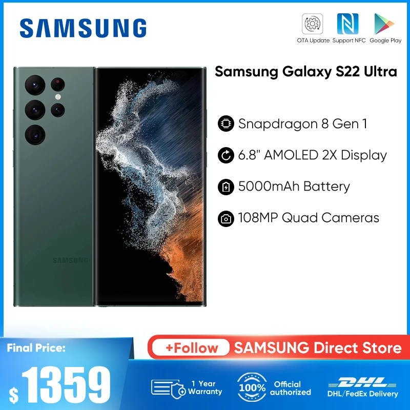 Original Samsung Galaxy S22 Ultra Smartphone SM-S9080 Snapdragon 8 Gen 1 Android 12 Phone 6.8