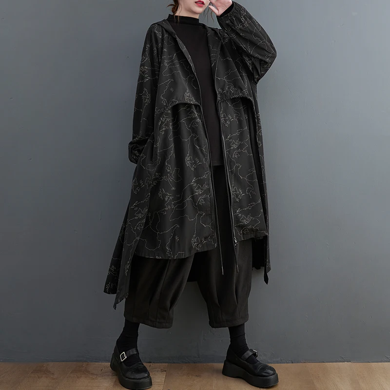 

SuperAen 2023 Autumn New Retro Style Hooded Windbreaker Loose Irregular Fashion Print Oversize Trench Coat for Women