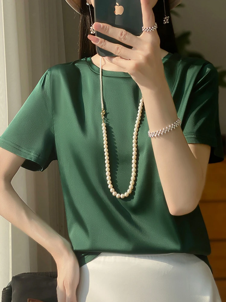 Silk Satin Short Sleeve T-Shirt Women's 2025 Summer New Arrival Loose Slim Looking Half-Length Thin Top ... |