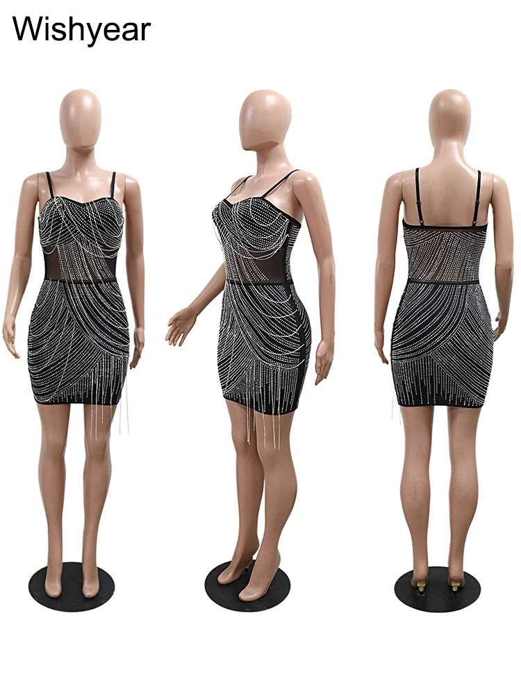 Новое сексуальное облегающее черное мини-платье со стразами и кисточками на